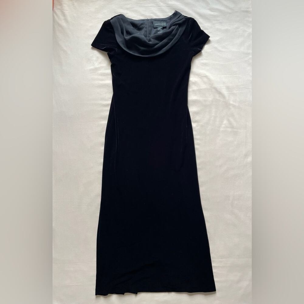Connected Apparel Vintage 90's Black Velour Maxi Dress With Sash Neckline Size 6
